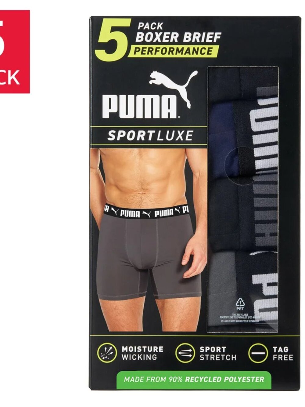 PUMA Men's Boxer Brief, 5 pack Recycled Polyester Comfort Waistband, Size XL,NEW